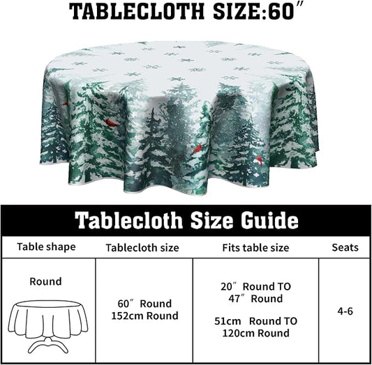 Sweetshow Winter Green Pine Tree Table Cloth Round Xmas Red Cardinal Bird Snowflake Tablecloth 70 Inch Decor Washable Stain and Wrinkle Resistant Winter Round Table Cover for Dining Picnic