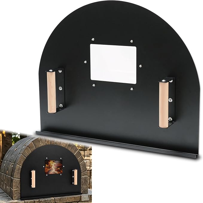 25x20 Inch Pizza Oven Door, Heavy Duty Metal Brick Oven Door | with Large Quartz Viewing Window & Wooden Handles, for DIY Brick Ovens & Outdoor Wood-Fired Cooking