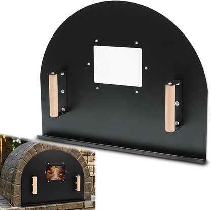 25x20 Inch Pizza Oven Door, Heavy Duty Metal Brick Oven Door | with Large Quartz Viewing Window & Wooden Handles, for DIY Brick Ovens & Outdoor Wood-Fired Cooking