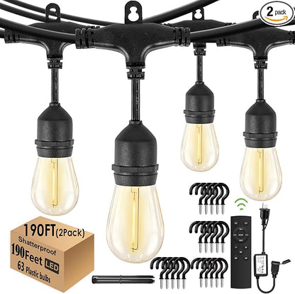 190FT Patio String Lights with Timer for Bistro Café Backyard 2Pack | Dimmable Outdoor String Lights with Remote,2/4/6H Timer