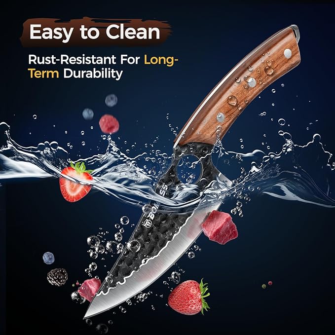 3PCS Hand Forged Japanese Chef Knife Set for Cooking, Kitchen Knife for Meat Cutting, High Carbon Steel Sharp Boning Knife, Chefs Knife, Honing Rod for Camping, BBQ, Outdoor Gift for Men