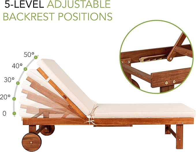 JONATHAN Y Seabrook 23.62" x 68.9" Acacia Wood Outdoor Chaise, Light Brown | 5-Position Adjustable Back, Ivory Polyester Cushion, Pull-Out Side Table, Built-In Wheels, 600lb Capacity, Modern Coastal