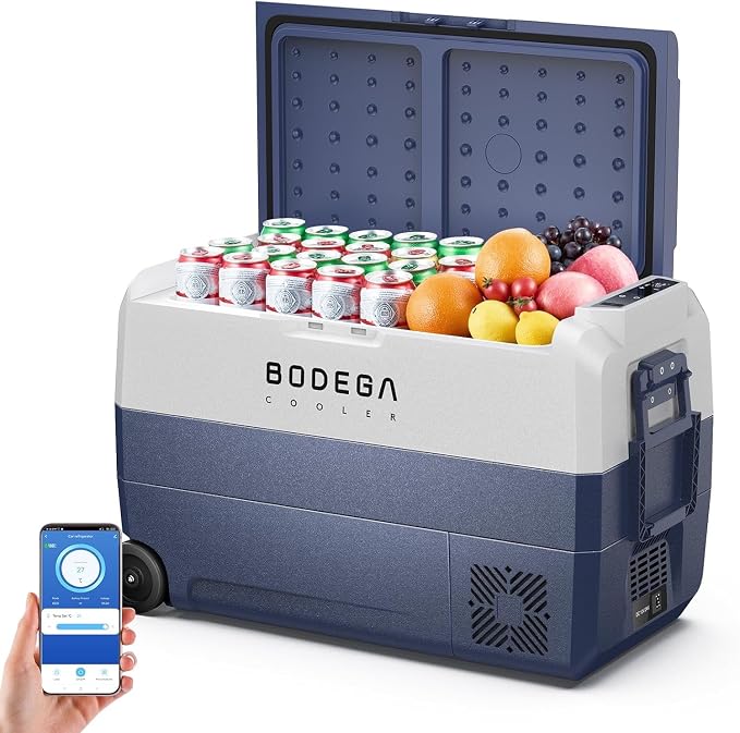 BODEGA 12 Volt Portable Car Refrigerator 53 Quart Single Zone | With wheels，Car Freezer Bluetooth Control,-4℉-68℉ Electric Cooler 12/24V DC &100-240V AC for Travel,Camping,RV, Road Trip