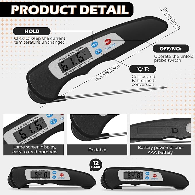 Xuhal 12 Pcs Digital Meat Thermometer with Probe Waterproof Instant Read Foldable Food Thermometer with Magnet for Kitchen Grilling Cooking Turkey Baking BBQ (Black)
