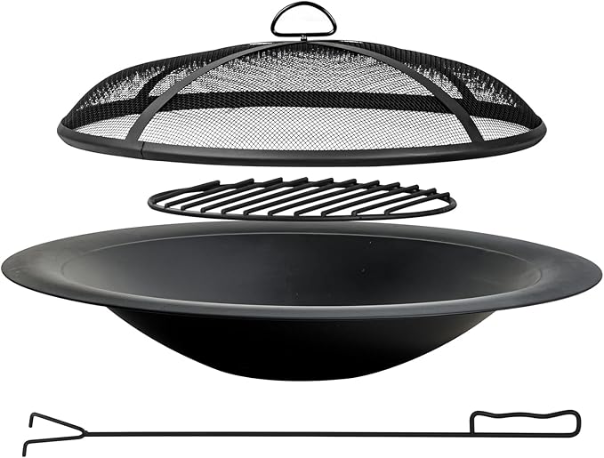 OutVue 35 inch Steel Fire Pit Bowl for DIY or Replacement Existing Fire Pits, Wood Burning Fire Pit Bowl with Spark Screen &Fire Poker, Fireplace for Backyard, Porch, Deck, Camping, BBQ(Smooth)