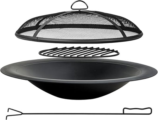 OutVue 35 inch Steel Fire Pit Bowl for DIY or Replacement Existing Fire Pits, Wood Burning Fire Pit Bowl with Spark Screen &Fire Poker, Fireplace for Backyard, Porch, Deck, Camping, BBQ(Smooth)