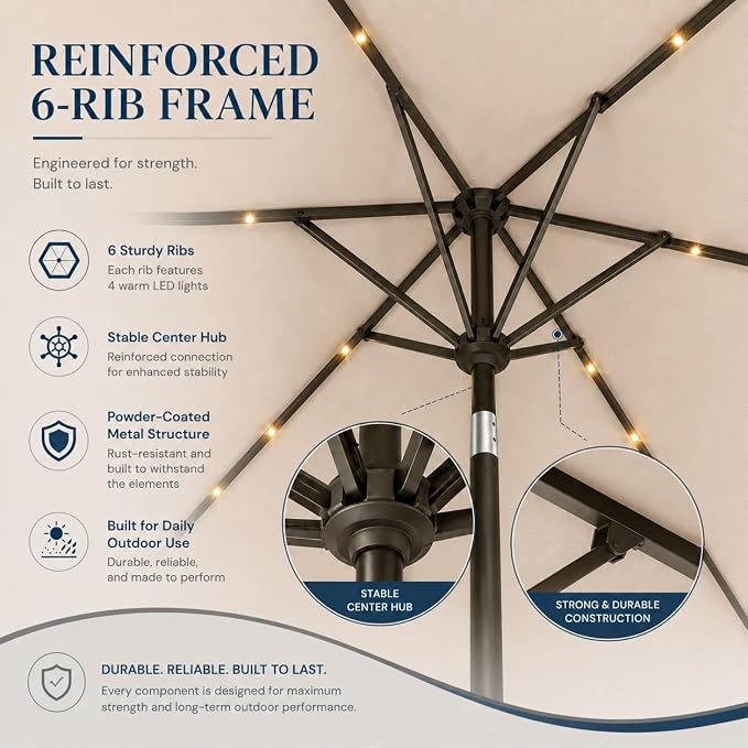 6.5 x 10ft Rectangular Patio Umbrella with Solar Lights, 16 LED Lighted Market Umbrella with Push-Button Tilt and Crank, 6 Sturdy Iron Ribs for Garden, Deck, Pool, Beige