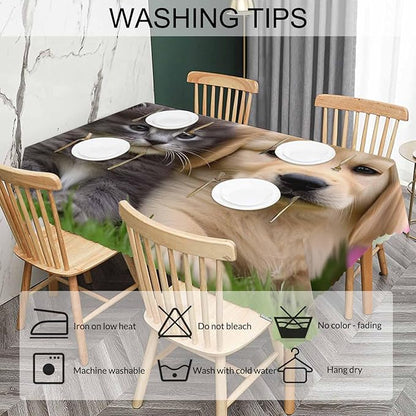 Table Cloth Cat Dog, Cute Funny Farmhouse Soft Table Cover for Kitchen Dining Tabletop Decoration, 52x70 Inch Fitted, 4-6 Seats