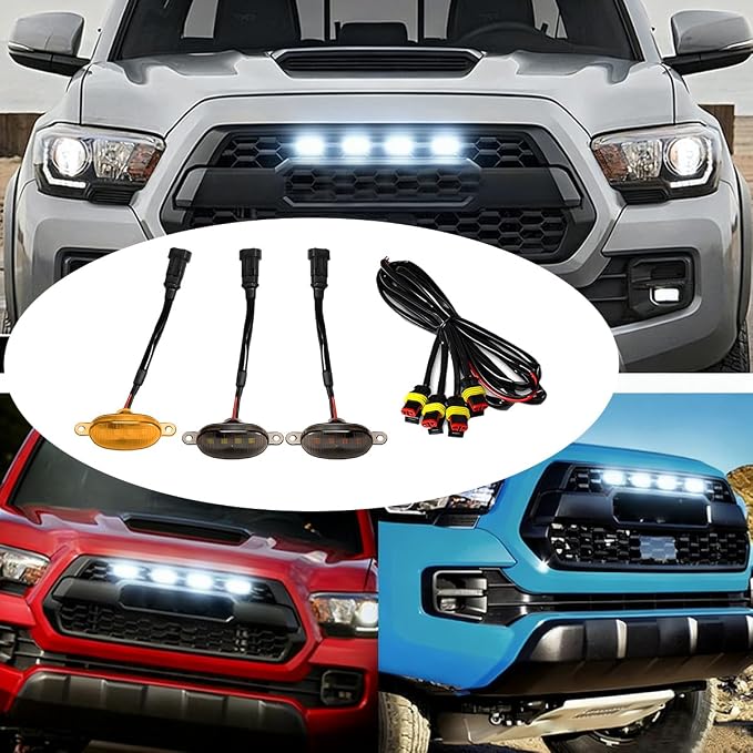 4PCS Car LED Grille Lights, Waterproof Bright Vehicle Grill Lights with Wiring Harness, Automotive Exterior Front Grille Trim Lamps Accessories, Compatible with F150 F250 F350 (Black/White)