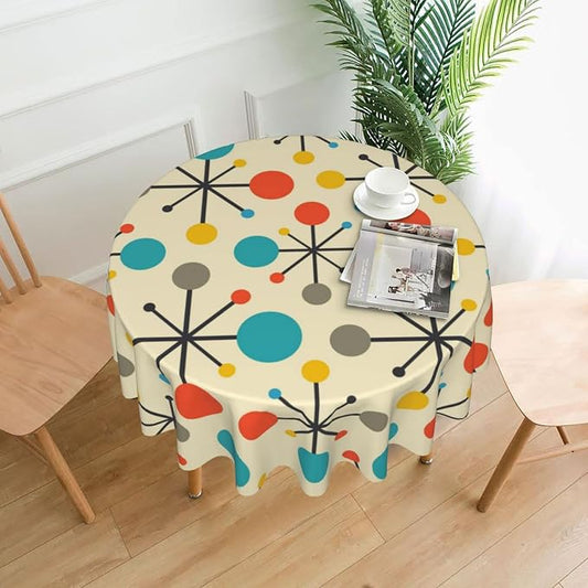 Mid Century Fifties Modern Atomic Retro Colors Tablecloth Washable Waterproof Round 60" Yellow Table Cloth for Parties Picnic Bbqs Kitchen Dining Room Decor Outdoor Indoor Table Covers