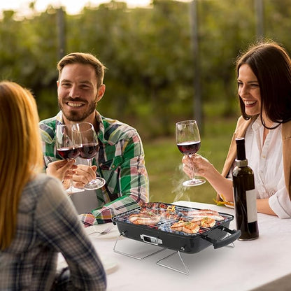 Small Charcoal Grill Portable Barbecue Grills with Thermometer, Compact Iron BBQ Grill for Garden Party Picnic Hiking Travel Backyard Cooking, Easy to Assemble, Asadores de Carbon, Black and Red