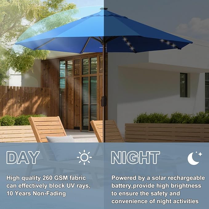 EliteShade USA 10-Year-Non-Fading 10ft Market Patio Umbrella, Commercial Grade Table Sun Umbrella with 80 Solar LED Lights, Crank Open, Windproof & UPF 50+ UV Protection for Garden, Deck, Pool, Backyard, No Tilt, Royal Blue