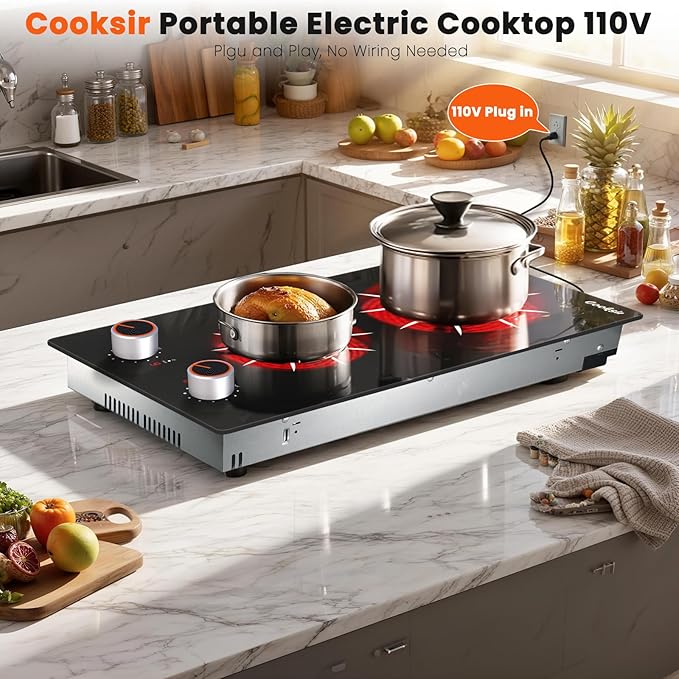 Electric Cooktop 2 Burner - 12 Inch 2000W Electric Stove Built-in & Countertop, Two Burner Ceramic Cooktop with Knob Control, 9 Power Level, Over Heat Protection, 110-120V Plug in (Red Konb)