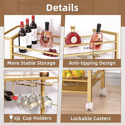 Joaxswe Bar Cart w/Wheels,Home Bar Serving Cart w/Storage Shelves,Gold | 2 Tier Rolling Beverage Cart,Modern Wine Cart w/ Wine Rack and Glass Holder for Kitchen, Living Room,Dinning Room