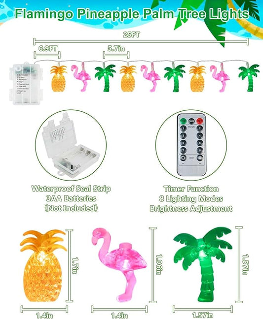 50 LED 25ft Summer Hawaiian Beach String Lights Outdoor with Remote, Flamingo Pineapple Palm Tree Fairy Twinkle Lights Battery Operated with 8 Modes & Timer for Tropical Party Beach Pool Decorations