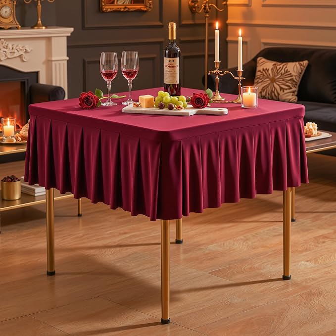 PARTISKY Burgundy Square Spandex Tablecloths 34x34 Inch, Wrinkle Free Fitted Square Table Cloth Stretch Card Table Cover for Kitchen Dinner, Holiday Party, Wedding Banquet, Display Trade Show