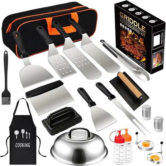20PCS Griddle Accessories Kit, Flat Top Grill Accessories Set for Blackstone and Camp Chef, Grill Spatula Set with Enlarged Spatulas, Basting Cover, lron Smash Burger Press for Outdoor Barbecue