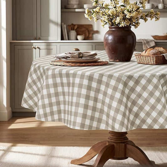 Seenus Cottage Farmhouse Khaki Gingham Plastic Tablecloth with Flannel Backing, Waterproof & Easy Clean Checkered Round Table Cover for Tea Party Patio Dining, 70 Inch Round (Fits 40-58" Tables)