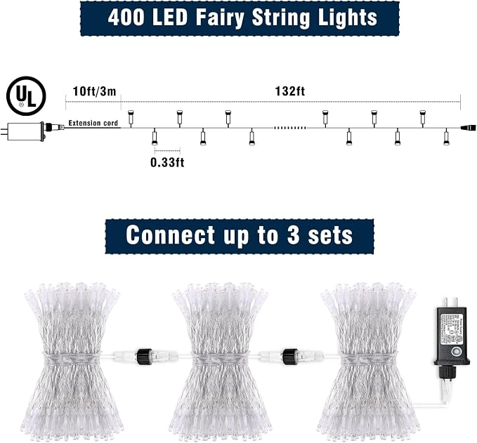 131FT 400 LED Outdoor String Lights, White Christmas String Lights Indoor | Plug in Waterproof 8 Modes Clear Wire Twinkle Fairy Lights for Bedroom Outside Patio Yard Xmas Party Holiday Decorations