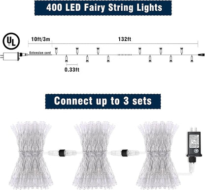 131FT 400 LED Outdoor String Lights, Red and White Christmas Lights Indoor | Plug in Waterproof 8 Modes Clear Wire String Twinkle Lights for Bedroom Outside Patio Yard Xmas Party Holiday Decorations
