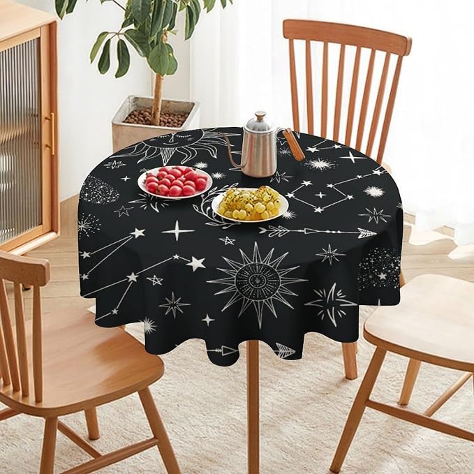Sun Moon Round Tablecloth Boho Astrology Celestial Constellation Star Crescent Galaxy Space Table Cloth Water Resistant Wipeable Table Cover for Picnic Party Holiday Kitchen Dinner Table 60"