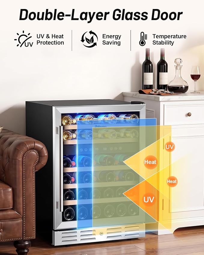 Kalamera 24 Inch Wine Cooler Refrigerator, 46-Bottle Dual Zone Wine Fridge | Built-In/Freestanding Beverage and Wine Refrigerator, 5 Wooden Shelves, Reversible Glass Door, Temperature Memory