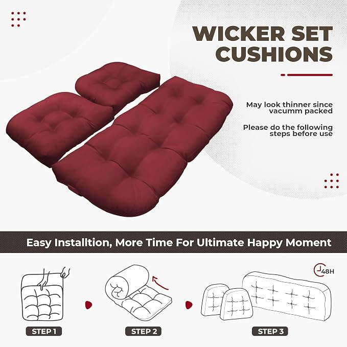 DANGHOOGY Wicker Chair Cushions, Waterproof Outdoor Loveseat Cushions for Patio Furniture, Tufted Wicker Furniture Cushions, 1 Loveseat and 2 U-Shaped Cushions, Red