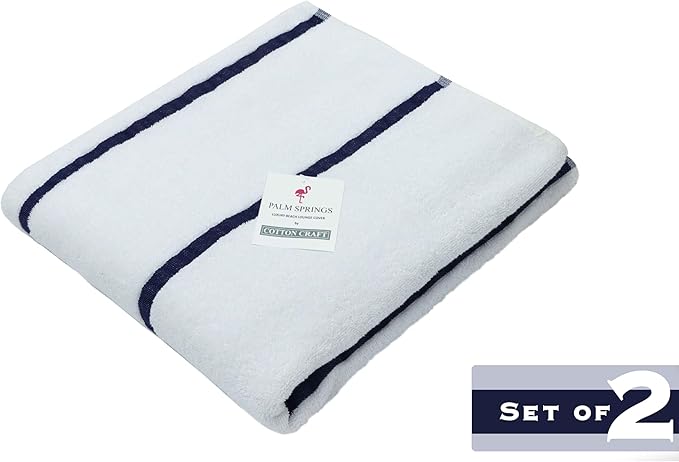 COTTON CRAFT Pool Lounge Chair Cover - 2 Pack Terry Towel Chaise Lounge Cover - Soft Cotton Absorbent Striped Towel Beach Chair Cover - Oversized 32 in W x 82 in Length x 7 in Pocket – White Blue