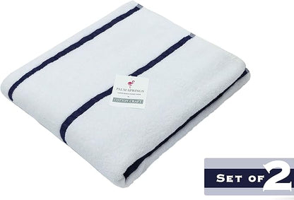 COTTON CRAFT Pool Lounge Chair Cover - 2 Pack Terry Towel Chaise Lounge Cover - Soft Cotton Absorbent Striped Towel Beach Chair Cover - Oversized 32 in W x 82 in Length x 7 in Pocket – White Blue