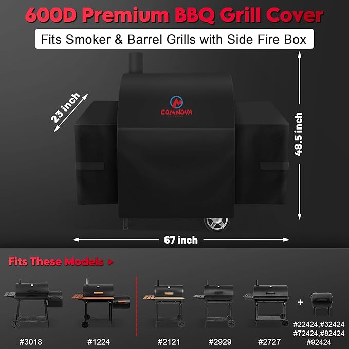 Comnova Grill Cover for Char Griller Smoker - 600D Waterproof Smoker Grill Cover Fits Models 1224, 3018, and Barrel Charcoal Grills Models 2121, 2828, 2727, 2929, 1329, 2799 with Side Fire Box