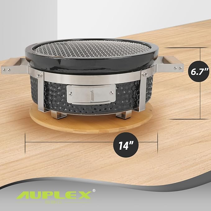 Yakitori Ceramic Charcoal Grill, Japanese Style Tabletop BBQ With Bamboo Heat Shield For Indoor/Outdoor, Round, DIA-14”