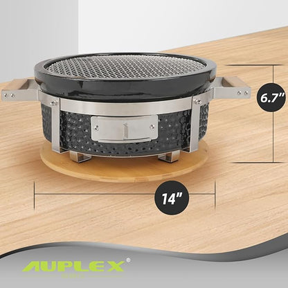 Yakitori Ceramic Charcoal Grill, Japanese Style Tabletop BBQ With Bamboo Heat Shield For Indoor/Outdoor, Round, DIA-14”