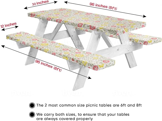 LINPRO 8ft Picnic Table Cover with Bench Covers Vinyl Fitted Picnic Table Covers with Elastic Camping Essentials and Picnic Tablecloth and RV Accessories