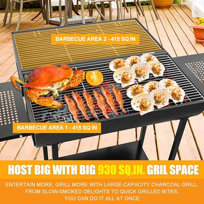 Double Charcoal Barrel Grill with Two Side Shelf, Stainless Steel Heavy Duty Grill For Outdoor Camping Backyard Picnic Party