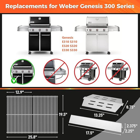 QuliMetal 304 Stainless Steel 7524 Grill Grates & 7621 Flavorizer Bars, 65505 Heat Deflectors for Weber Genesis 300 Series with Front Control Knob, Replacement for Genesis E310 S310 E/S320 E/S330
