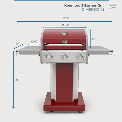 Kenmore 3-Burner Outdoor BBQ Grill | Liquid Propane Barbecue Gas Grill with Folding Sides, PG-A4030400LD-RD, Pedestal Grill with Wheels, 30000 BTU, Red