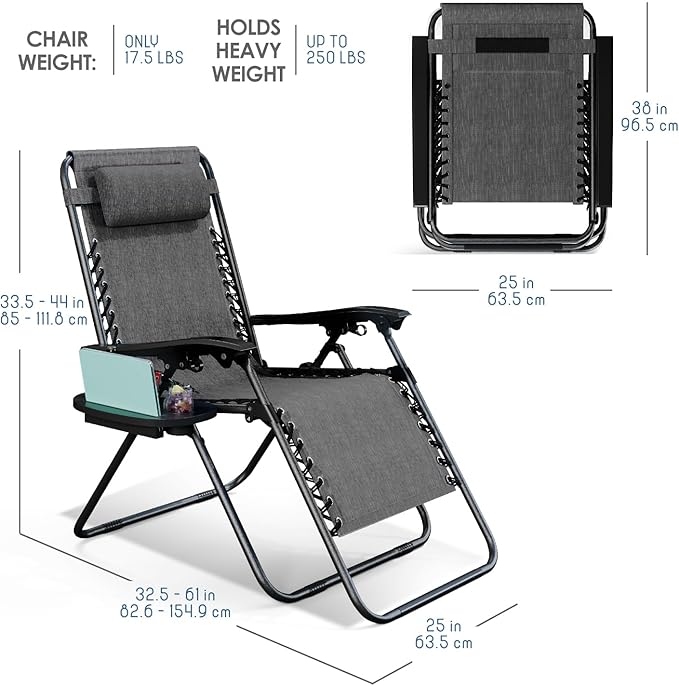 Nestl Zero Gravity Chairs Set of 4, Patio Lounge Chair Outdoor with Pillows & Cup Holder Trays, Adjustable Steel Mesh Reclining Camping Chair, Folding Patio Lawn Chair for Deck, Beach, Yard - Grey