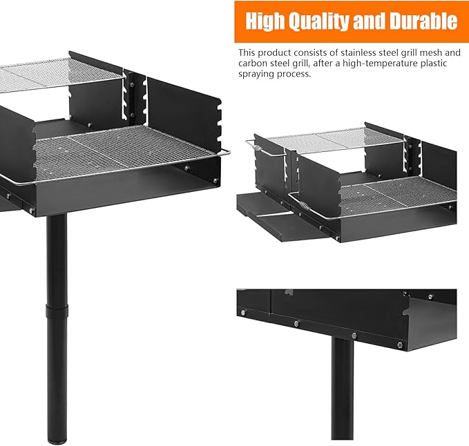 Large Park Style Charcoal Gril 40 x 25.5 x 52.5 Inch, Single Post Outdoor Grill, Heavy Duty Steel BBQ Charcoal Grill with Nets, Camp Grilling Barbecues for Parties, Backyard, Park