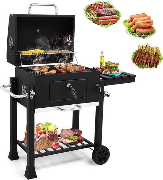 Charcoal Grill Barbecue Grills with Thermometer, Foldable Side Table and Wheels, Heavy-duty BBQ Grill for Garden Party Picnic Hiking Backyard Cooking, Easy to Assemble, Asadores de Carbon (Black)