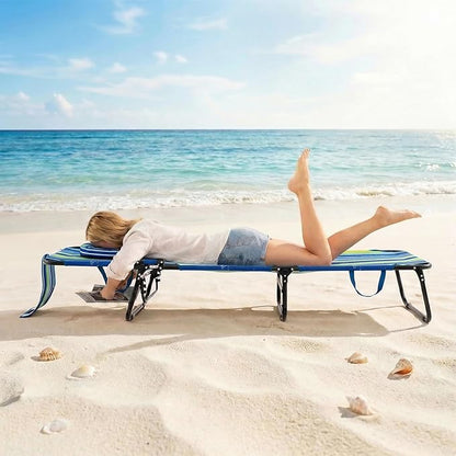 GYMAX Tanning Chair, Folding Lounge Chairs with Face Hole & Cover, Removable Pillow Carry Handle, Portable Compact Outdoor Layout Recliner for Beach, Poolside, Lawn, Patio, Camping (Blue Stripe,1)