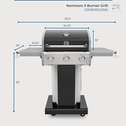 Kenmore 3-Burner Propane BBQ Grill, 30,000 BTUs Gas Grill with Cast Iron Cooking Grates, Folding Side Tables & Wheels, Outdoor Grill with Tool Hooks, Black