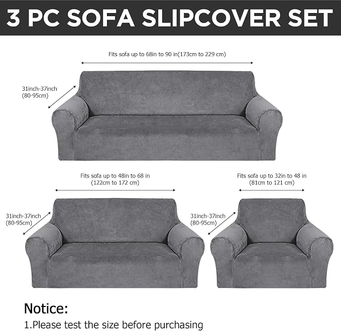 Peryiter 3 Pcs Couch and Loveseat Sofa Covers,Light Gray,Velvet | Armchair Covers for Living Room, Sofa Cushion Slipcover, Furniture Protector, Polyester and Spandex, Washable