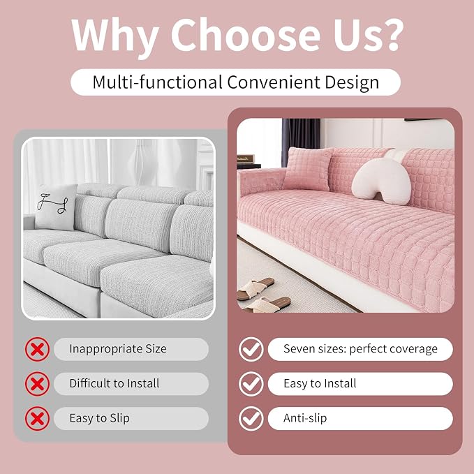 Velvet Couch Cover, Washable Sectional Sofa Cover, Anti Slip Sofa Slipcover for 3 Cushion Couch Sofa L Shaped Armrest Backrest, Furniture Protector Covers for Pets Kids(1PC,Pink,36"×71")