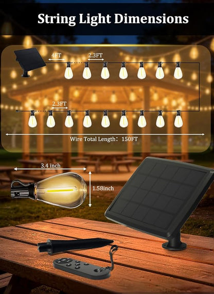 150FT Solar String Lights Outdoor Waterproof, 50LED S11 E12 Bulbs, Remote Control, Dimmable Timer, 3 Modes, Solar Powered Outdoor Patio Lights for Backyard Deck Garden Hanging Use