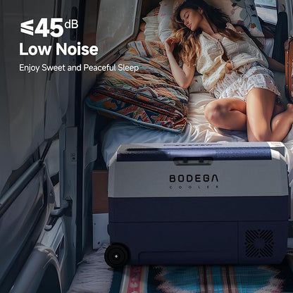 BODEGA 12 Volt Portable Car Refrigerator 53 Quart Single Zone | With wheels，Car Freezer Bluetooth Control,-4℉-68℉ Electric Cooler 12/24V DC &100-240V AC for Travel,Camping,RV, Road Trip