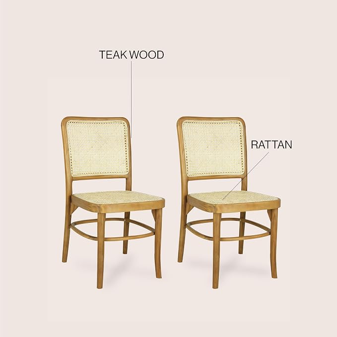 JONATHAN Y Colmar Mid-Century Natural Teak Rattan Dining Chairs Set of 2 | For Kitchen And Home Office, Woven Cane Back, Armless Side Seating, Indonesian Wood, Vintage Bohemian Style