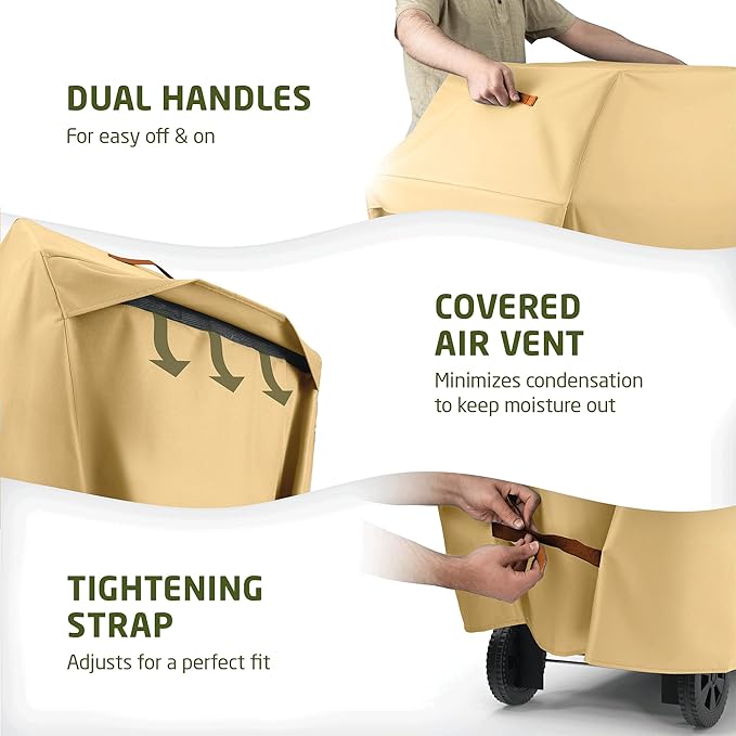 ZOBER Heavy Duty BBQ Grill Cover - 58 Inch Waterproof Double Layered Fits Weber Gas Grill Cover Charbroil Grill & Smoker - Gas Grill Covers w/Air Vents, Dual Handles - 600D Oxford Fabric, Mustard