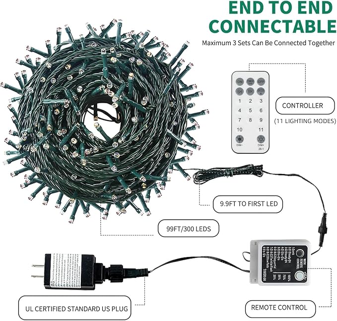 MZD8391 105FT 300LED Color Changing Christmas Light, Christmas Tree Lights | Warm White & Multicolor, Waterproof, UL listed, 11 Light Mode, Remote & Timer, Memory, End To End Connect