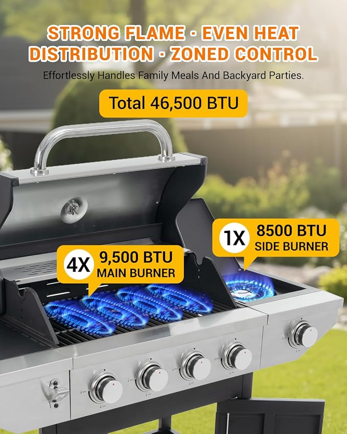EUHOME 4-Burner Propane Gas BBQ Grill with Side Burner, 46,500 BTU Output Stainless Steel Barbecue Grill with Enameled Cast Iron Grates and Side Tables for Outdoor Cooking Kitchen and Patio Backyard
