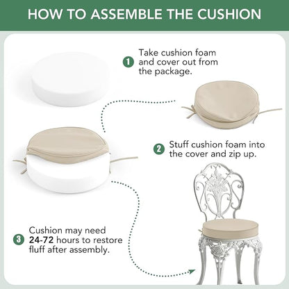 Summsun Outdoor Bistro Chair Cushions Set of 4, 15" D x 3" H Round Chair Cushions Waterproof and Fade Resistant Chair Cushion Pads with Non-Slip Ties and Removable Covers for Garden, Cream